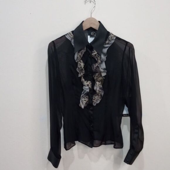 Just Cavalli Tops - Just Cavalli Sheer Black Silk Blouse with Leopard Ruffle & Satin Trim - 44 / L
